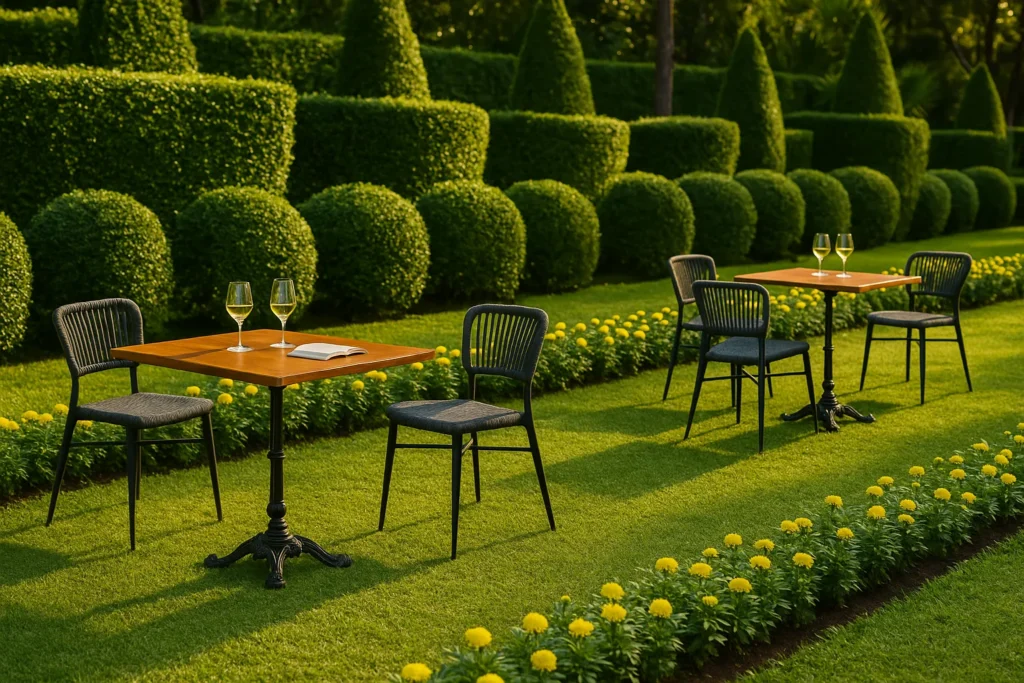 decoração de jardim com cadeiras bistrô